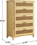 Solid Pine Wood 5 Rattan Drawers Chest