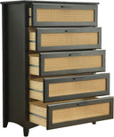 Solid Pine Wood 5 Rattan Drawers Chest