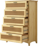 Solid Pine Wood 5 Rattan Drawers Chest