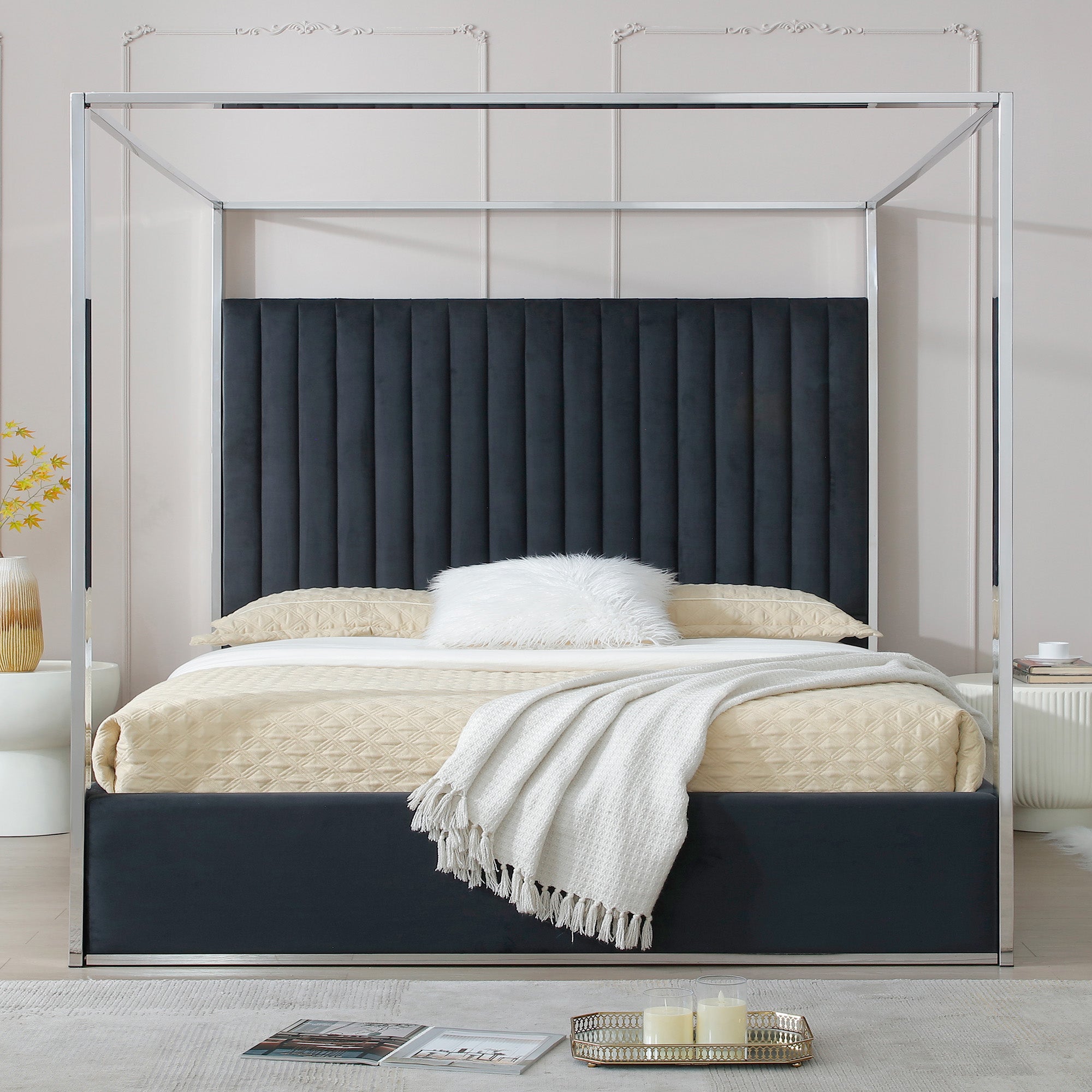 Jeffrey Canopy Velvet Upholstered Bed Frame – WOODPECKERS