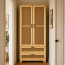 Solid Pine Wood Rattan Cabinet with 2 Drawers