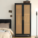Solid Pine Wood Wardrobe Full Rattan Doors