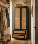 Solid Pine Wood Rattan Cabinet with 2 Drawers