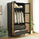 Solid Pine Wood Wardrobe Full Rattan Doors