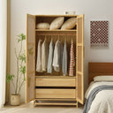 Solid Pine Wood Wardrobe Full Rattan Doors